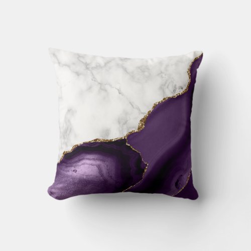 White Marble Purple Agate Gold Glitter Throw Pillow