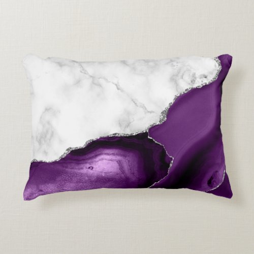 White Marble Purple Agate Silver Glitter Accent Pillow
