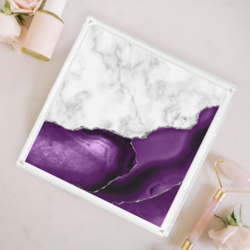 White Marble Purple Agate Silver Glitter Acrylic Tray