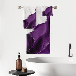 White Marble Purple Agate Silver Glitter Bath Towel Set
