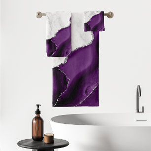 White Marble Purple Agate Silver Glitter Bath Towel Set