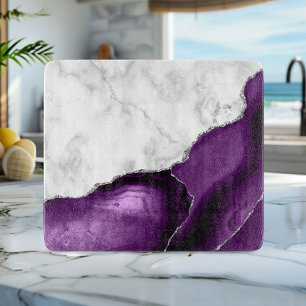 White Marble Purple Agate Silver Glitter Cutting Board