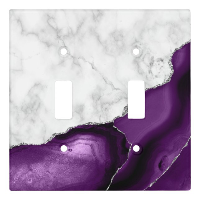 White Marble Purple Agate Silver Glitter Light Switch Cover (Front)