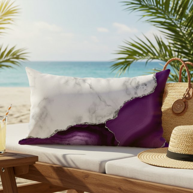 White Marble Purple Agate Silver Glitter Lumbar Pillow (Creator Uploaded)
