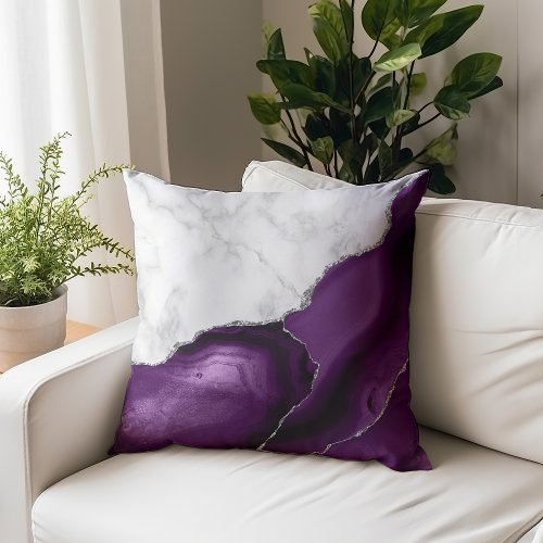 White Marble Purple Agate Silver Glitter Throw Pillow