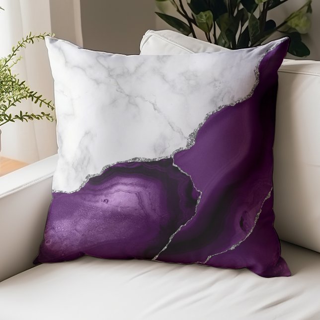 White Marble Purple Agate Silver Glitter Throw Pillow (Creator Uploaded)
