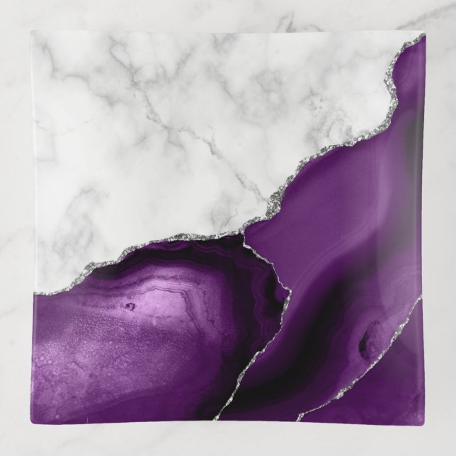 White Marble Purple Agate Silver Glitter Trinket Tray (Front)