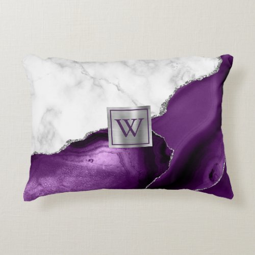 White Marble Purple Agate Silver Monogram Accent Pillow