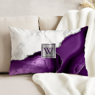 White Marble Purple Agate Silver Monogram Accent Pillow