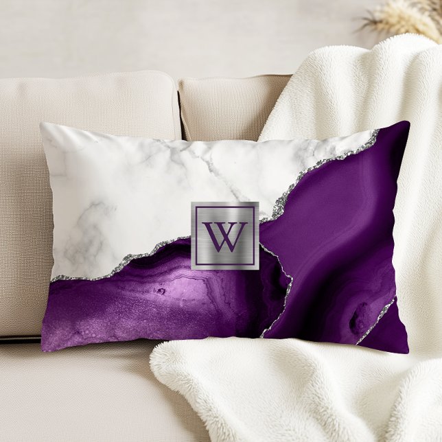 White Marble Purple Agate Silver Monogram Accent Pillow (Creator Uploaded)