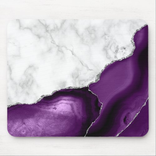 White Marble Purple Silver Agate Mouse Pad