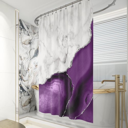 White Marble Purple Silver Agate Shower Curtain