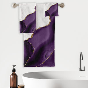 White Marble Purple Violet Agate Gold Glitter Bath Towel Set