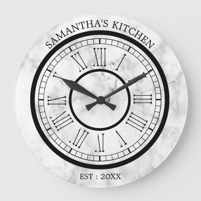 White Marble Roman Numeral Kitchen Large Clock (Front)