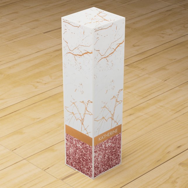 White Marble Rose Glitter Wine Box (Front)