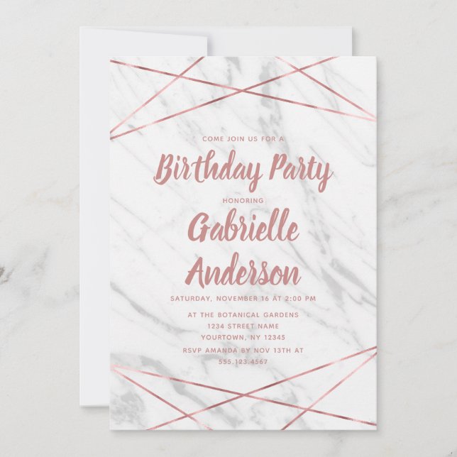 White Marble Rose Gold Birthday Party Invitation (Front)