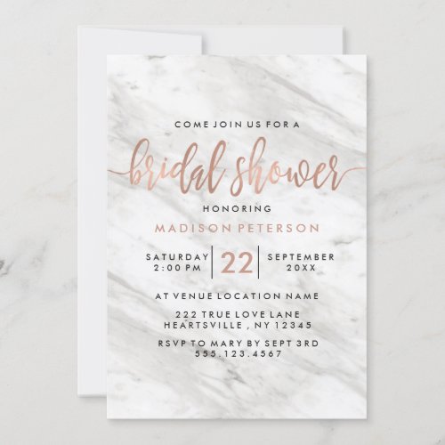 White Marble  Rose Gold Bridal Shower Invitation