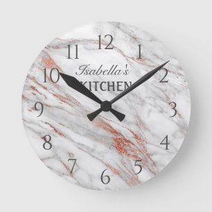 White Marble Rose Gold Copper Glitter Kitchen Round Clock