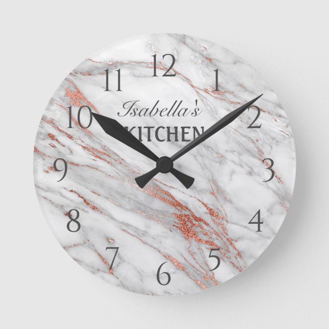 White Marble  Rose Gold Copper Glitter Kitchen Round Clock (Front)