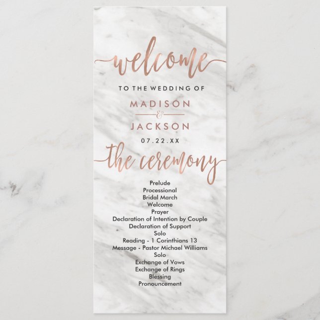 White Marble & Rose Gold Elegant Wedding Program (Front)