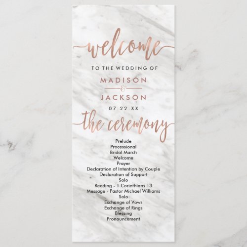 White Marble  Rose Gold Elegant Wedding Program