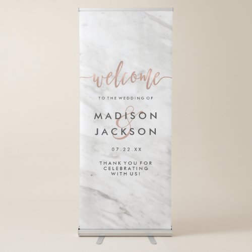 White Marble  Rose Gold Elegant Wedding Welcome Retractable Banner