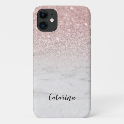 White Marble Rose Gold Faux Glitter Add Name Girly iPhone 11 Case