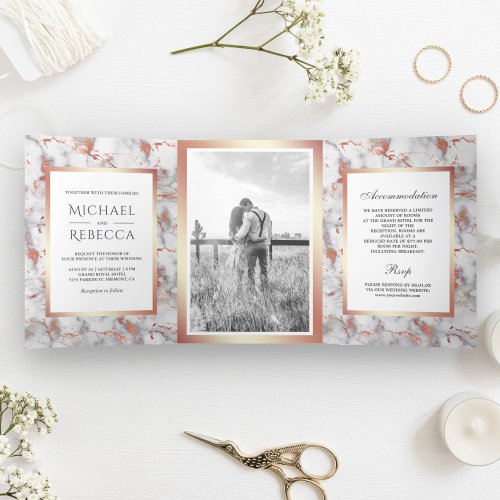 White Marble Rose Gold Foil Photo Wedding Tri_Fold Invitation