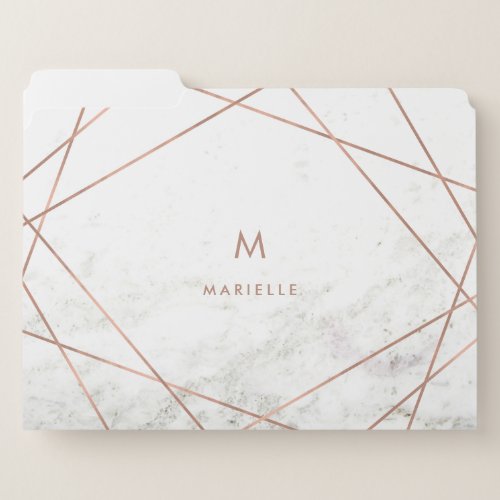 White Marble  Rose Gold Geometric and Monogram File Folder