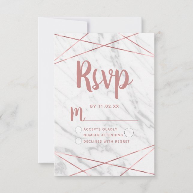White Marble Rose Gold Geometric Wedding RSVP (Front)