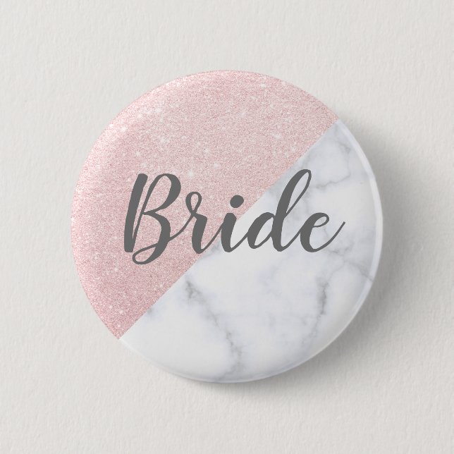 White marble & rose gold glitter bride button (Front)