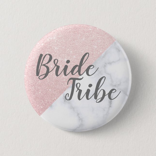 White marble & rose gold glitter brides tribe button (Front)