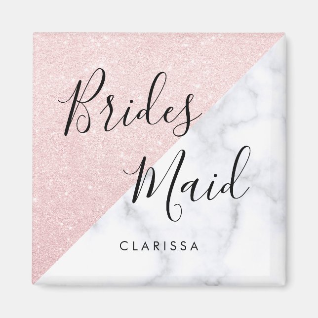 White marble & rose gold glitter bridesmaid magnet (Front)