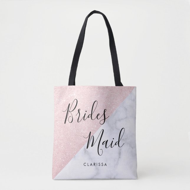 White marble & rose gold glitter bridesmaid tote bag (Front)