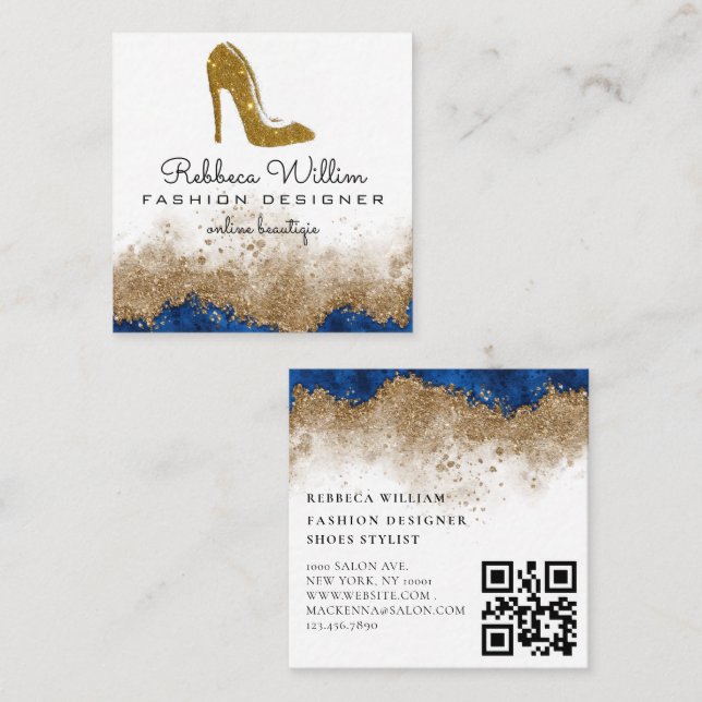 White Marble Rose Gold Glitter High Heels B Square Business Card (Front/Back)