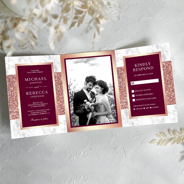 White Marble Rose Gold Glitter Magenta Wedding Tri-Fold Invitation (Creator Uploaded)