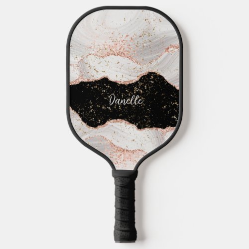 White Marble Rose Gold Glitter on Black Pickleball Paddle