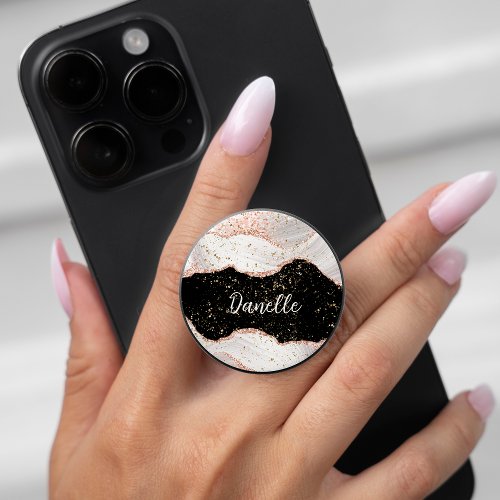 White Marble Rose Gold Glitter on Black PopSocket