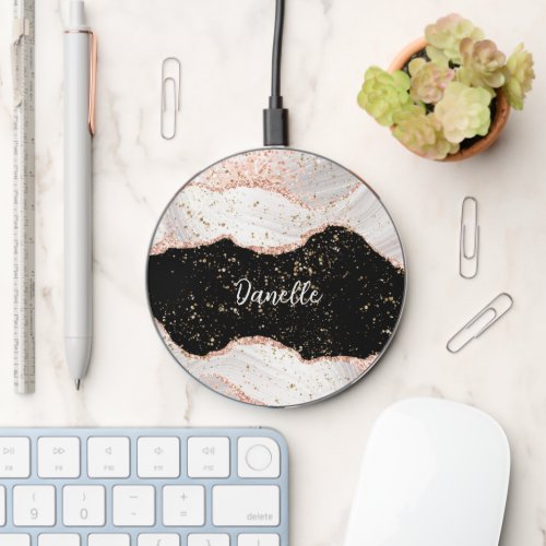 White Marble Rose Gold Glitter on Black Wireless Charger