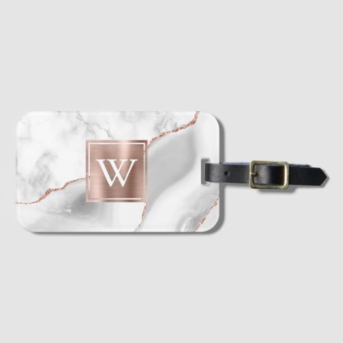 White Marble Rose Gold Gray Agate Monogram Luggage Tag