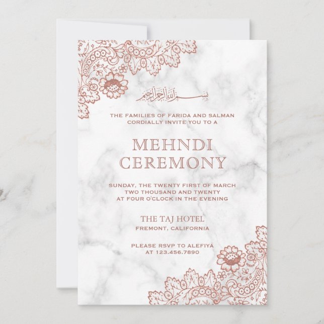 White Marble Rose Gold Lace Islamic Mehndi Invitation (Front)