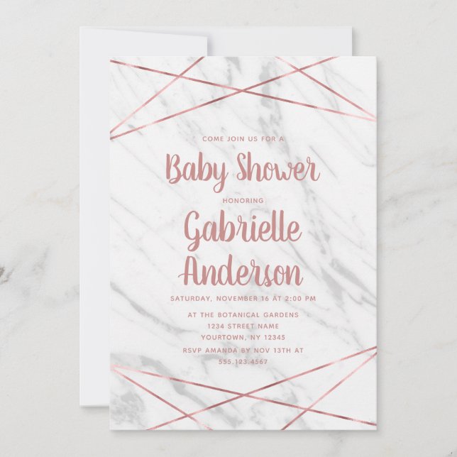 White Marble Rose Gold Line Baby Shower Invitation (Front)