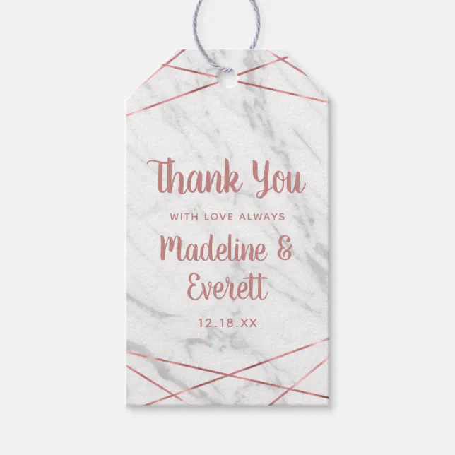 White Marble Rose Gold Lines Geo Wedding Thank You Gift Tags | Zazzle