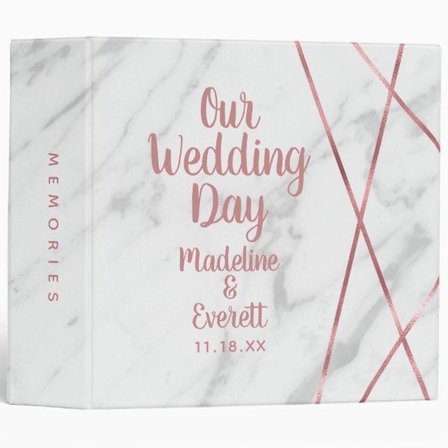 White Marble Rose Gold Lines Wedding Photo Album 3 Ring Binder (Front/Spine)