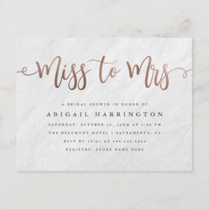 White Marble & Rose Gold Miss to Mrs Bridal Shower Invitation Postcard