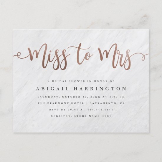 White Marble & Rose Gold Miss to Mrs Bridal Shower Invitation Postcard