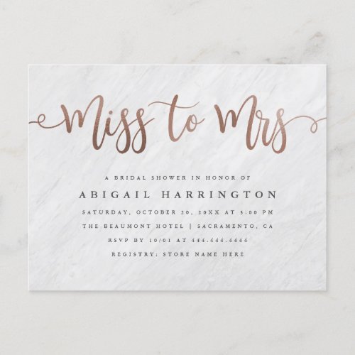 White Marble  Rose Gold Miss to Mrs Bridal Shower Invitation Postcard