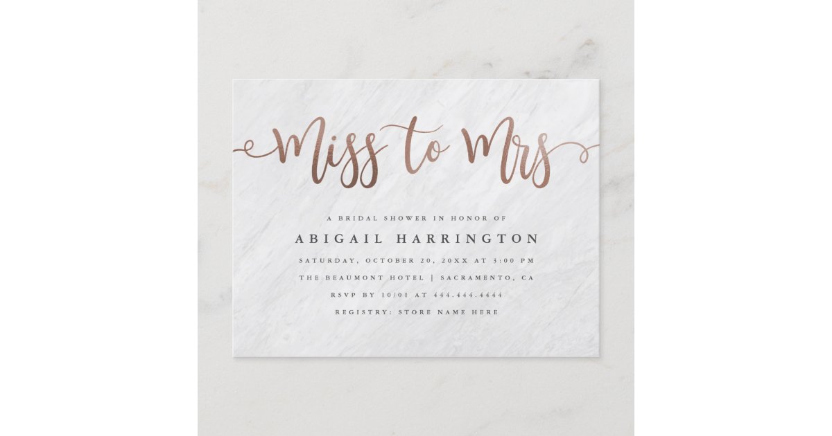 White Marble & Rose Gold Miss to Mrs Bridal Shower Invitation Postcard | Zazzle.com