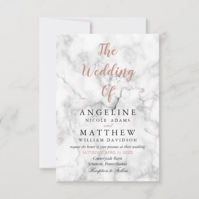 White Marble Rose Gold Modern Wedding Invitations (Front)