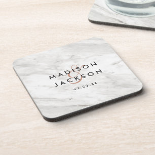 White Marble & Rose Gold Modern Wedding Monogram Beverage Coaster